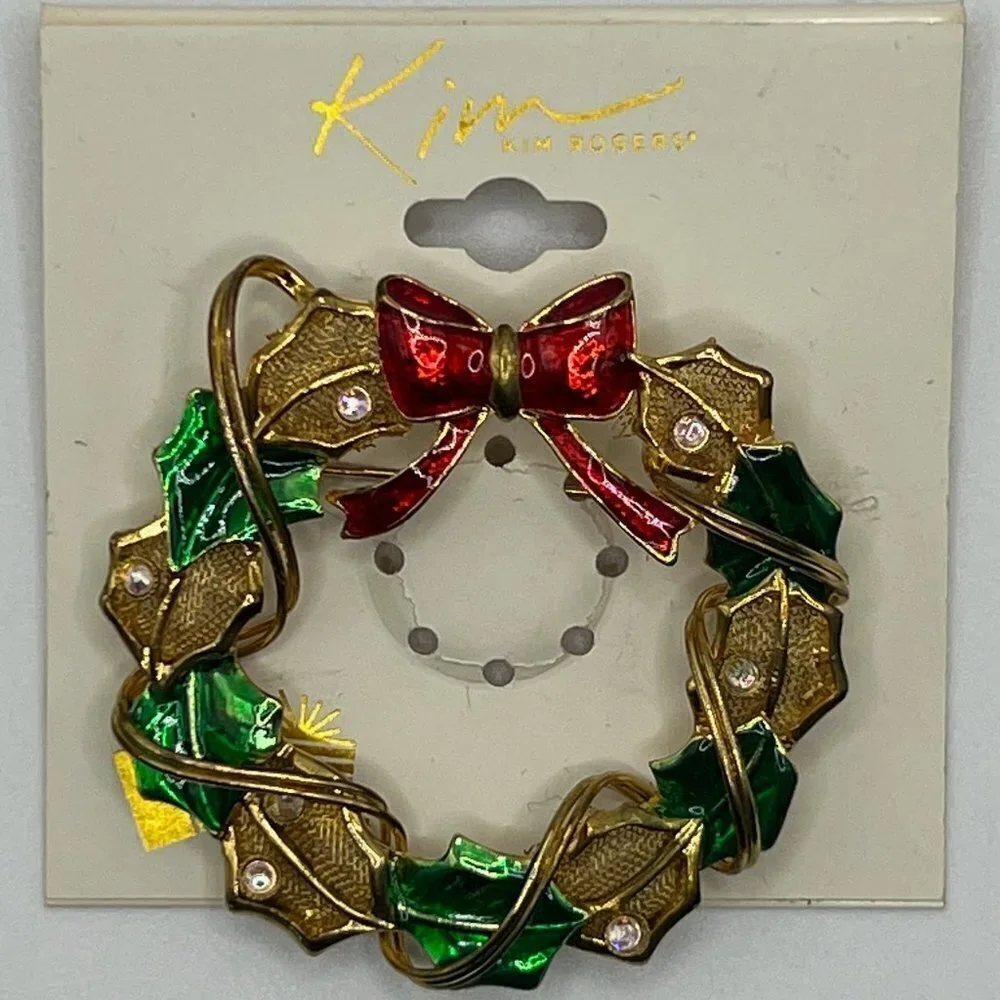 Kim Rogers Christmas Wreath Green, Red, Gold, Brooch / Pin
